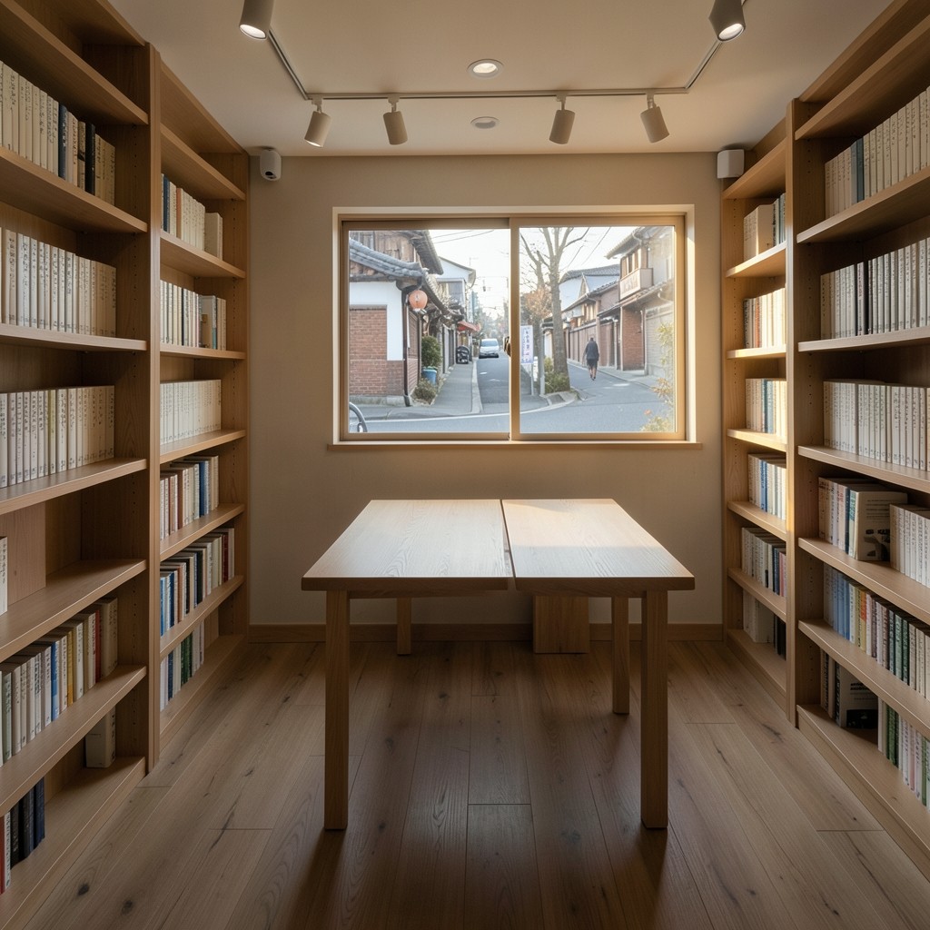 Reading room interior with plain oak shelves and empty study tables in morning light