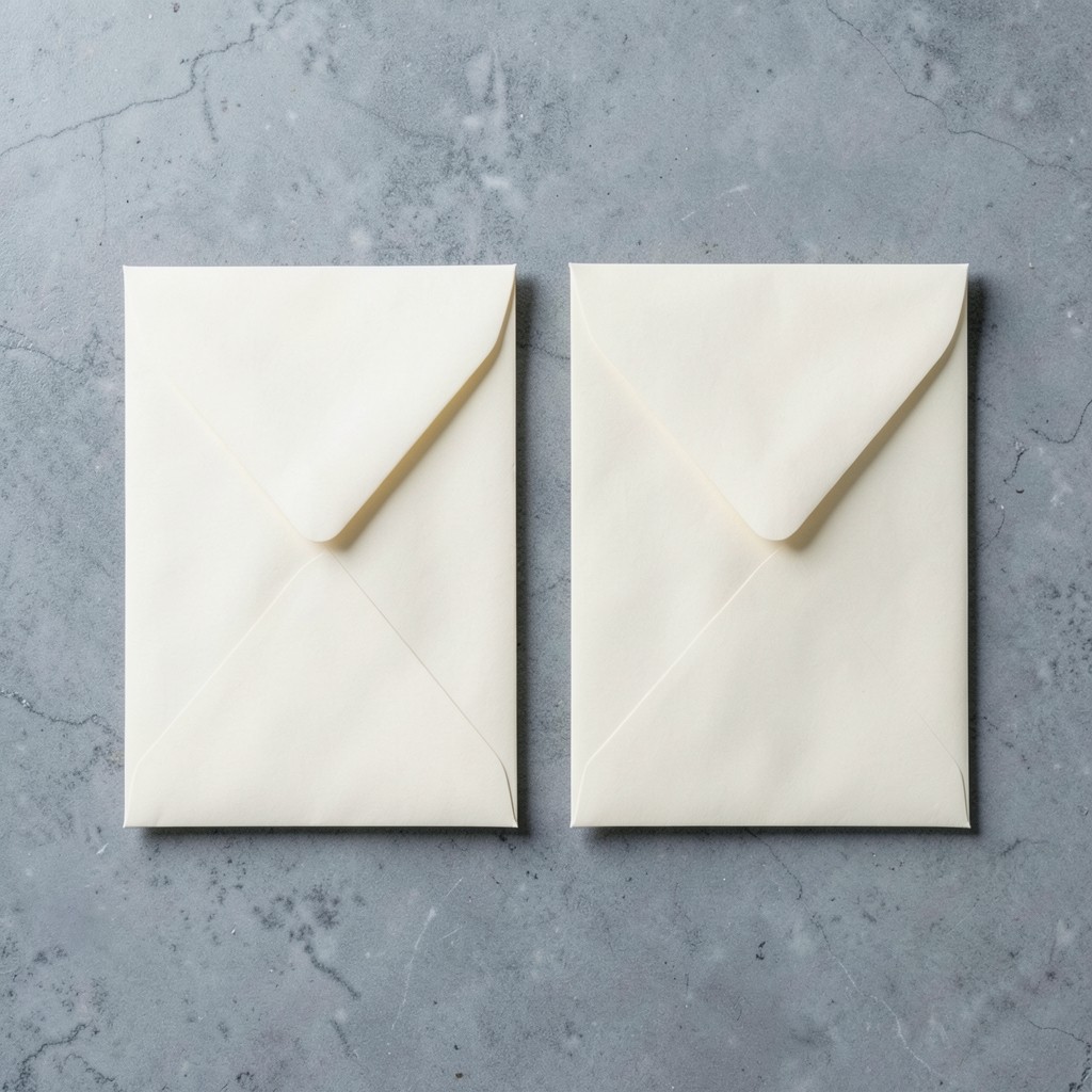 Two blank envelopes placed side by side on gray stone
