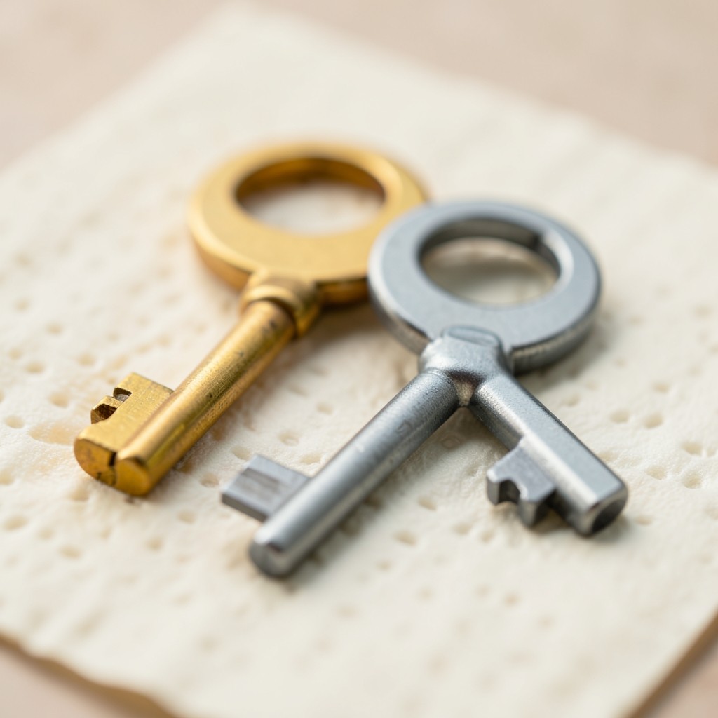 A brass key and a steel key lying apart on cream paper
