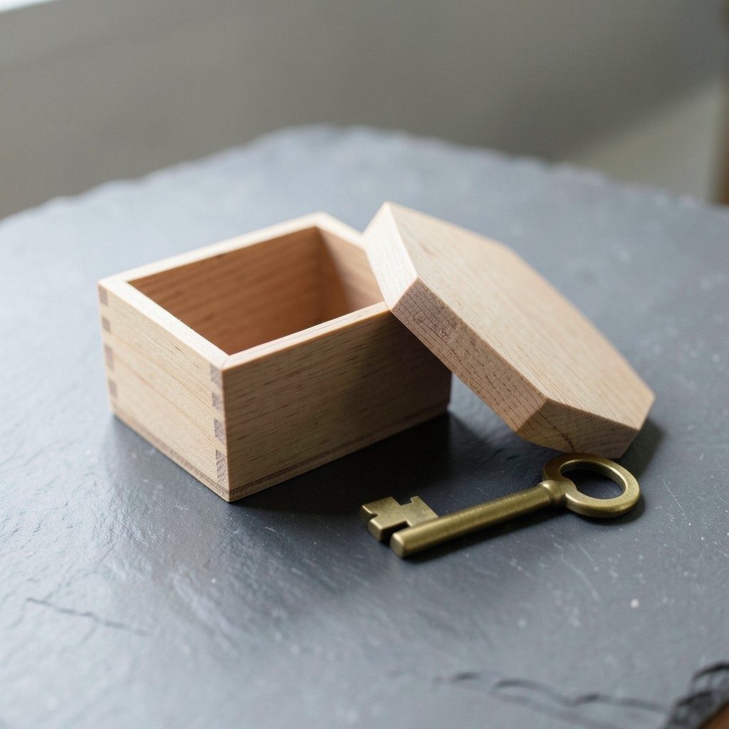 An open empty wooden box beside a plain brass key