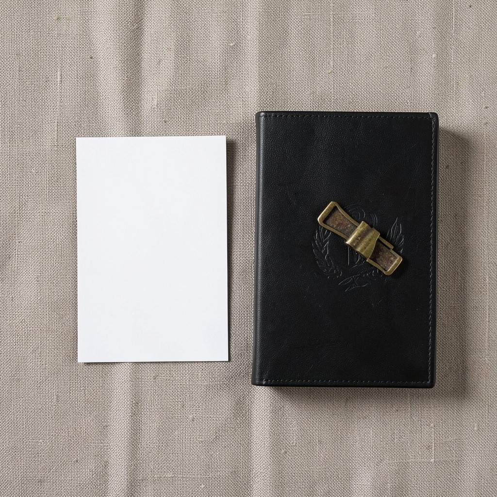 Blank index card and a closed ledger on linen