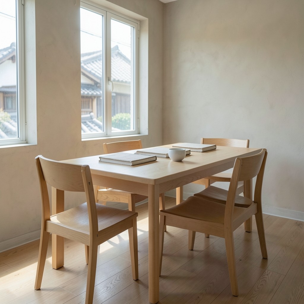 Quiet reading room with a long oak table, two chairs, and closed notebooks in daylight