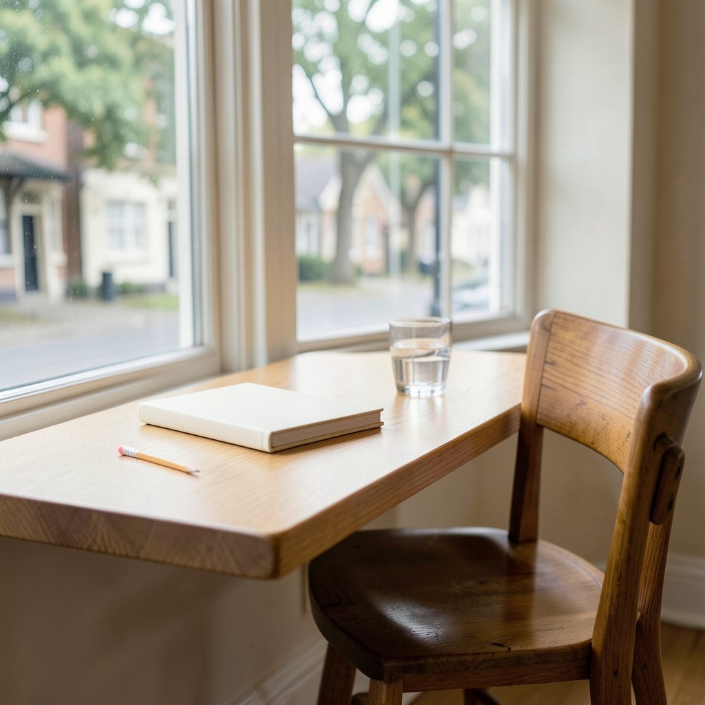 A single window desk with a closed notebook, pencil, and glass of water
