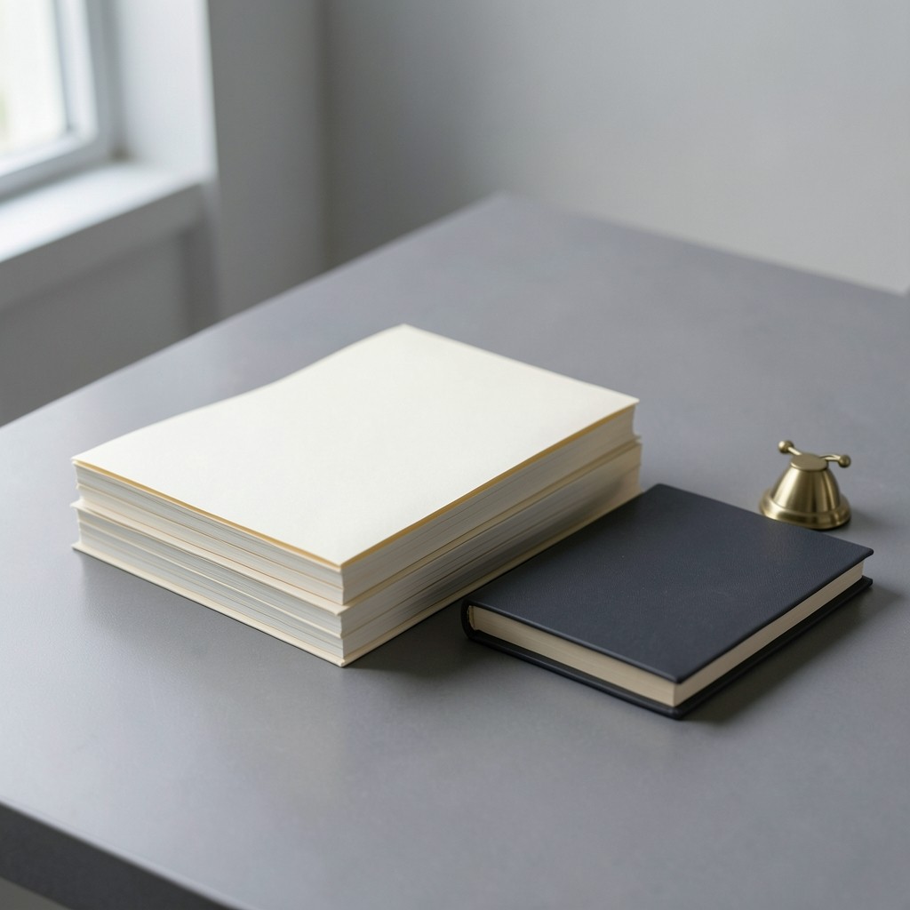 Blank folders and a closed notebook stacked on a gray desk by a window