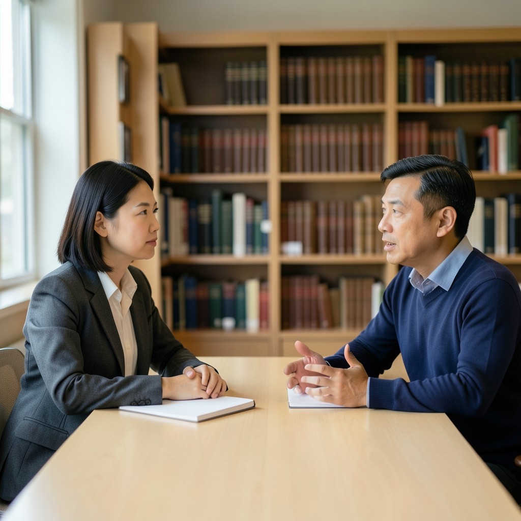 Tutor and reader talking across a wooden table with closed notebooks