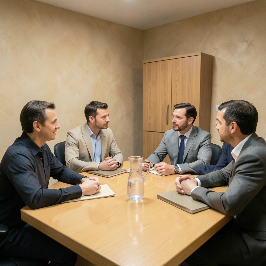 Six adults seated around a conference table with closed notebooks and a water carafe